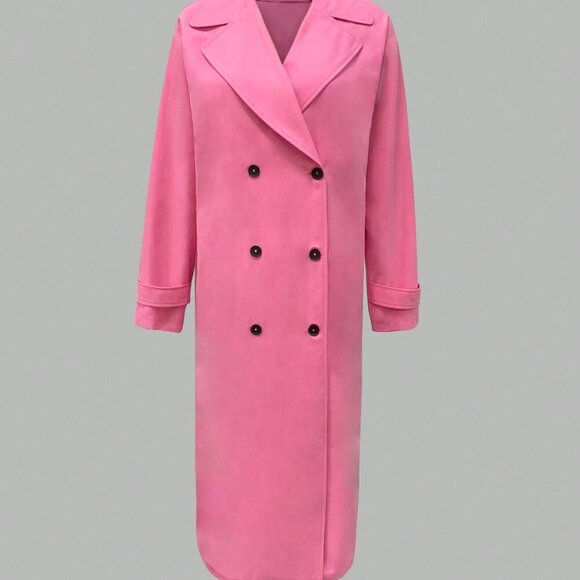 Pink Elegant Women's Long Button Windbreaker Coat - Picture 4 of 7